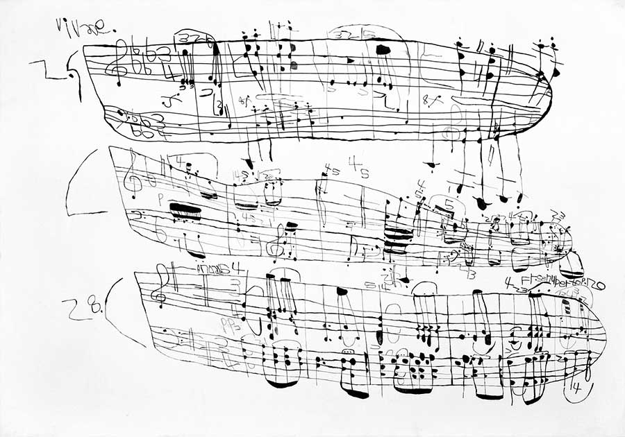 「楽譜 vivace」　2008年　紙、パネル、インク