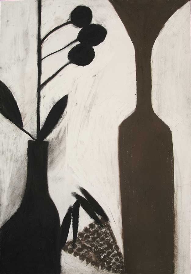 「ビンにいけられた花とビワとブドウの実」　2010年　水彩紙、パステル　　撮影／高石 巧